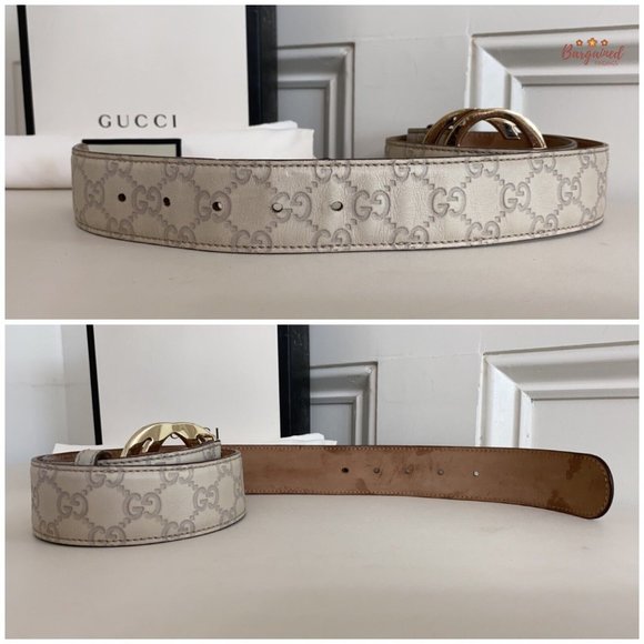 Authentic Gucci Cream Guccissima Leather Gold Interlocking G Buckle Belt 85/34 - Picture 11 of 12